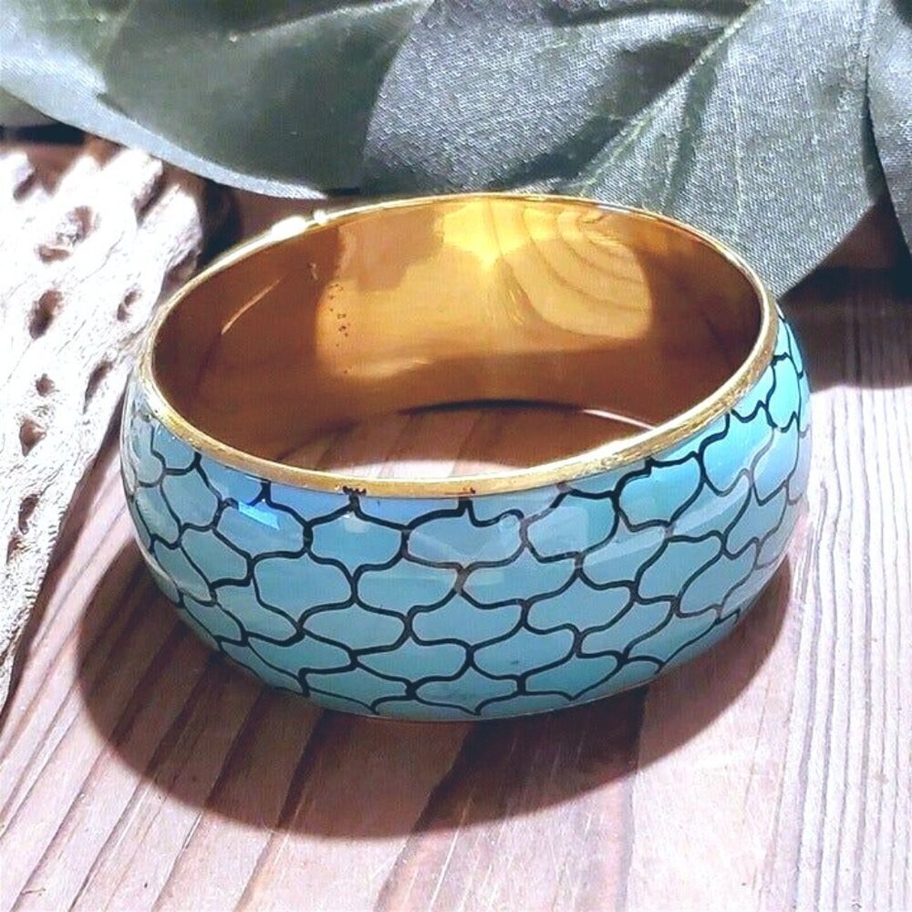 India Raw Brass Turquoise Blue Enamel Metal Geometric Bangle Bracelet